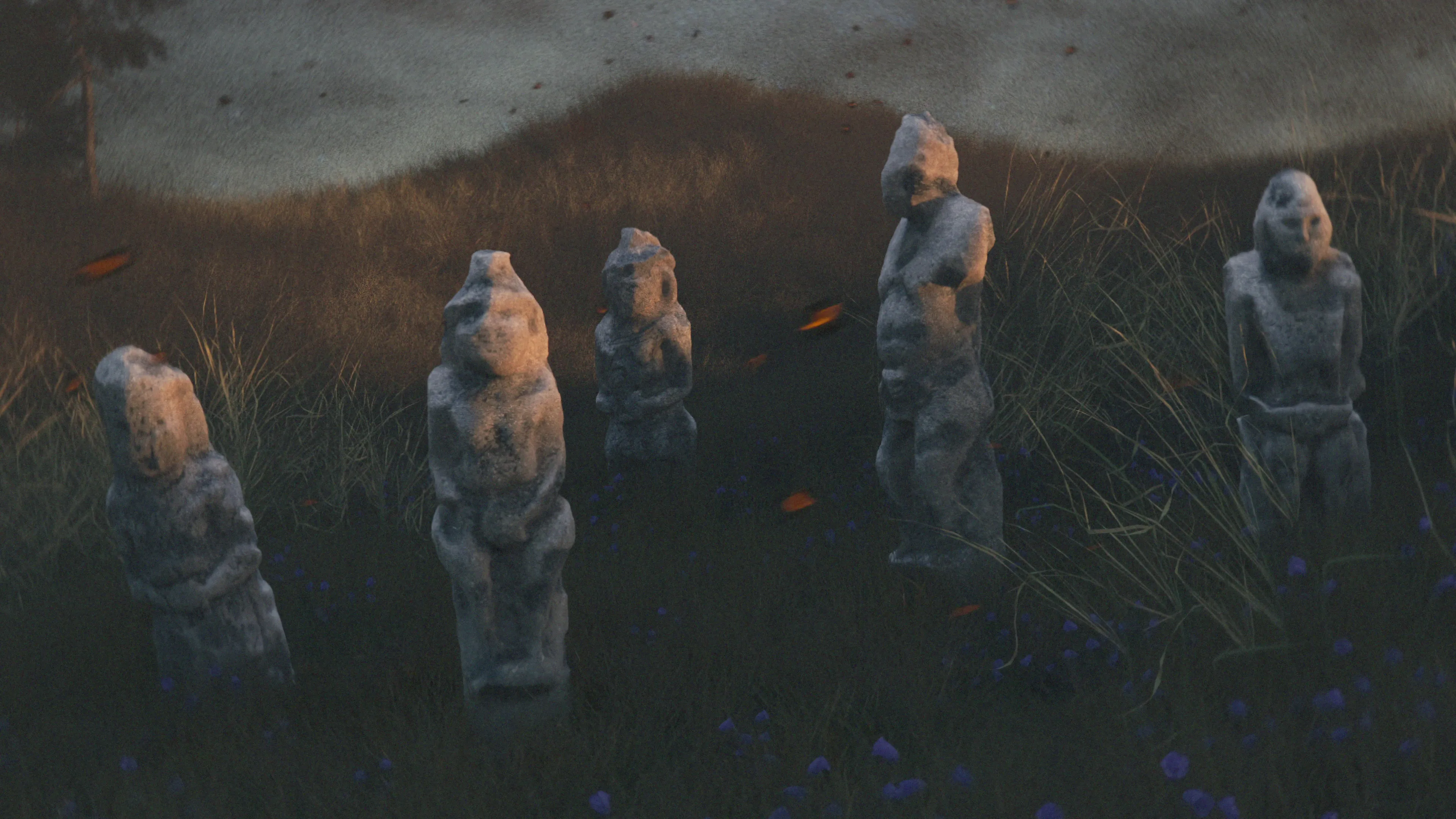 Enchanting cinematic render of ancient statues in a field at dusk with glowing particles, creating a magical and atmospheric storytelling visual.