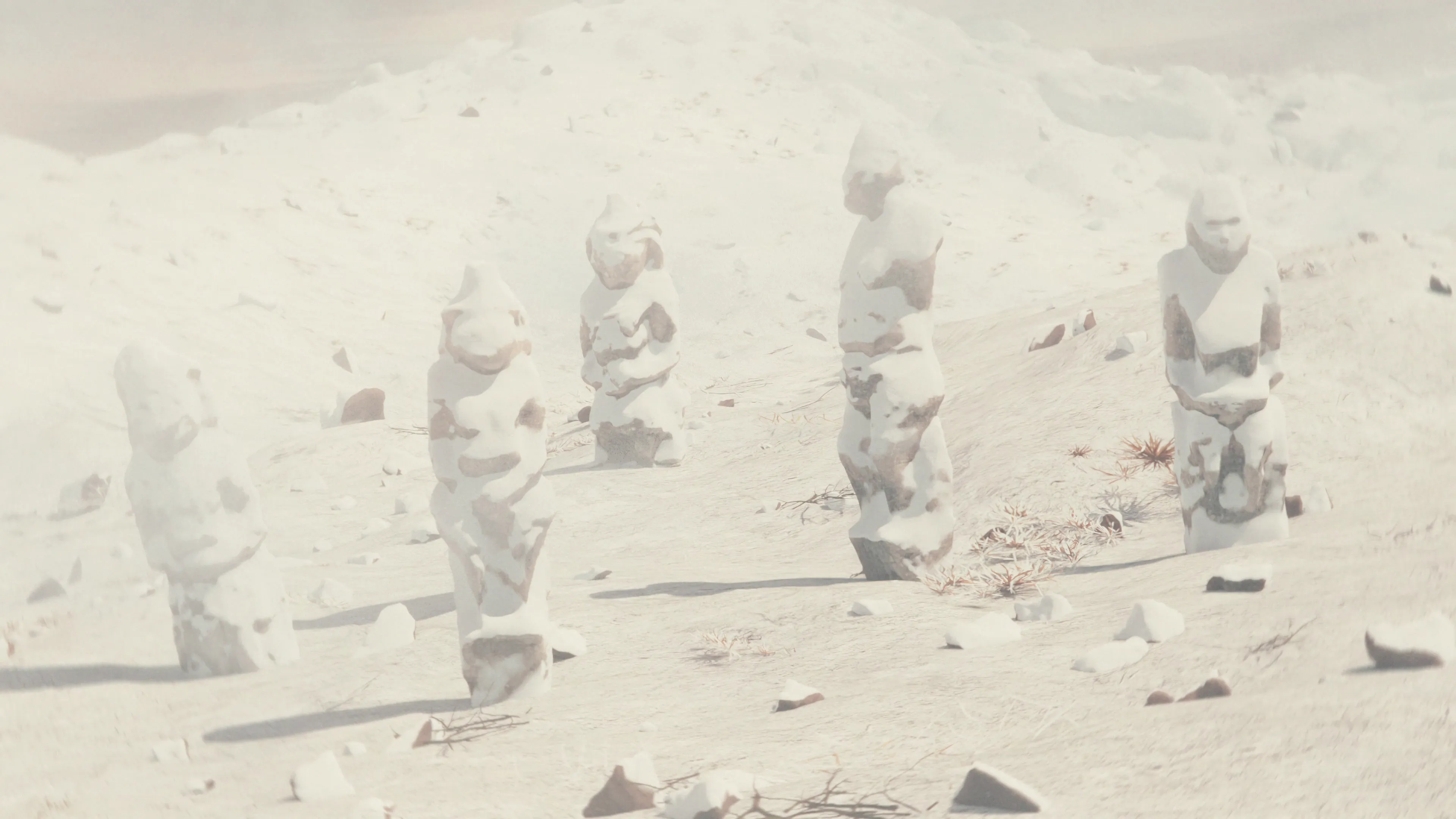 Atmospheric 3D rendering of ancient statues partially submerged in a frozen, icy landscape, creating a cold and desolate environmental visual