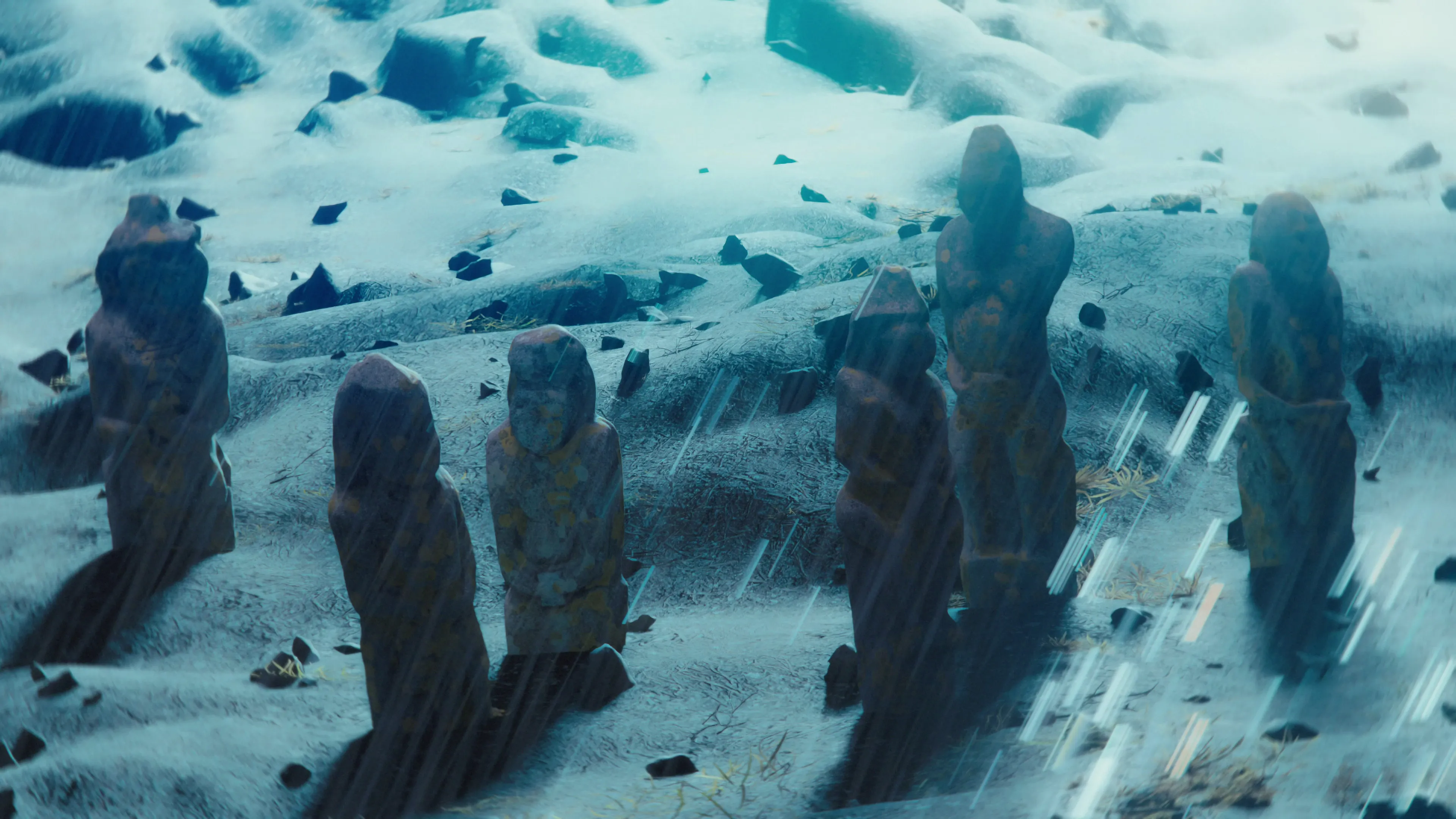Atmospheric 3D rendering of ancient statues partially submerged in a frozen, icy landscape, creating a cold and desolate environmental visual.