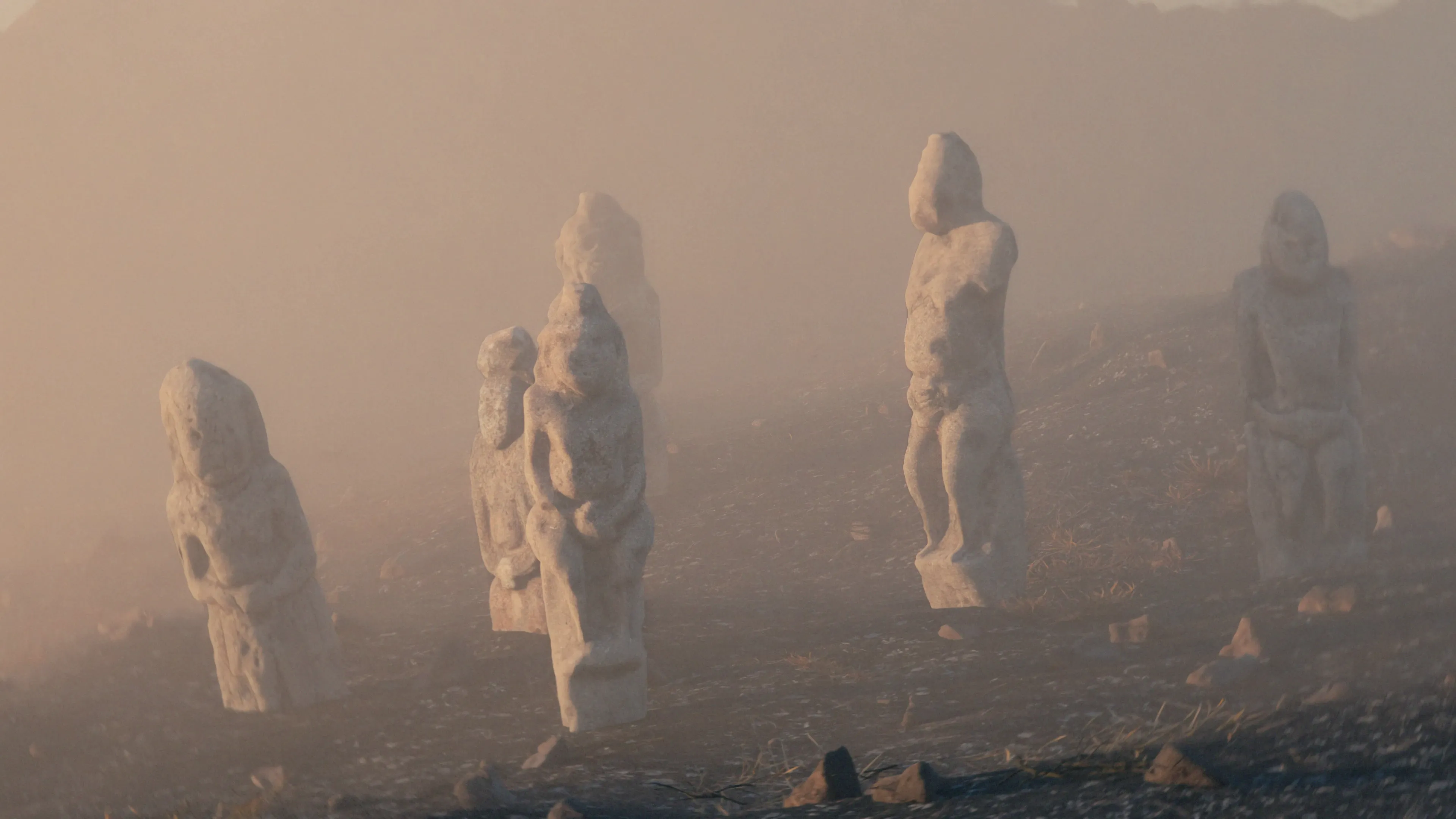 Moody CGI environment with ancient statues shrouded in thick, dense fog, creating a mysterious and atmospheric scene with volumetric lighting.