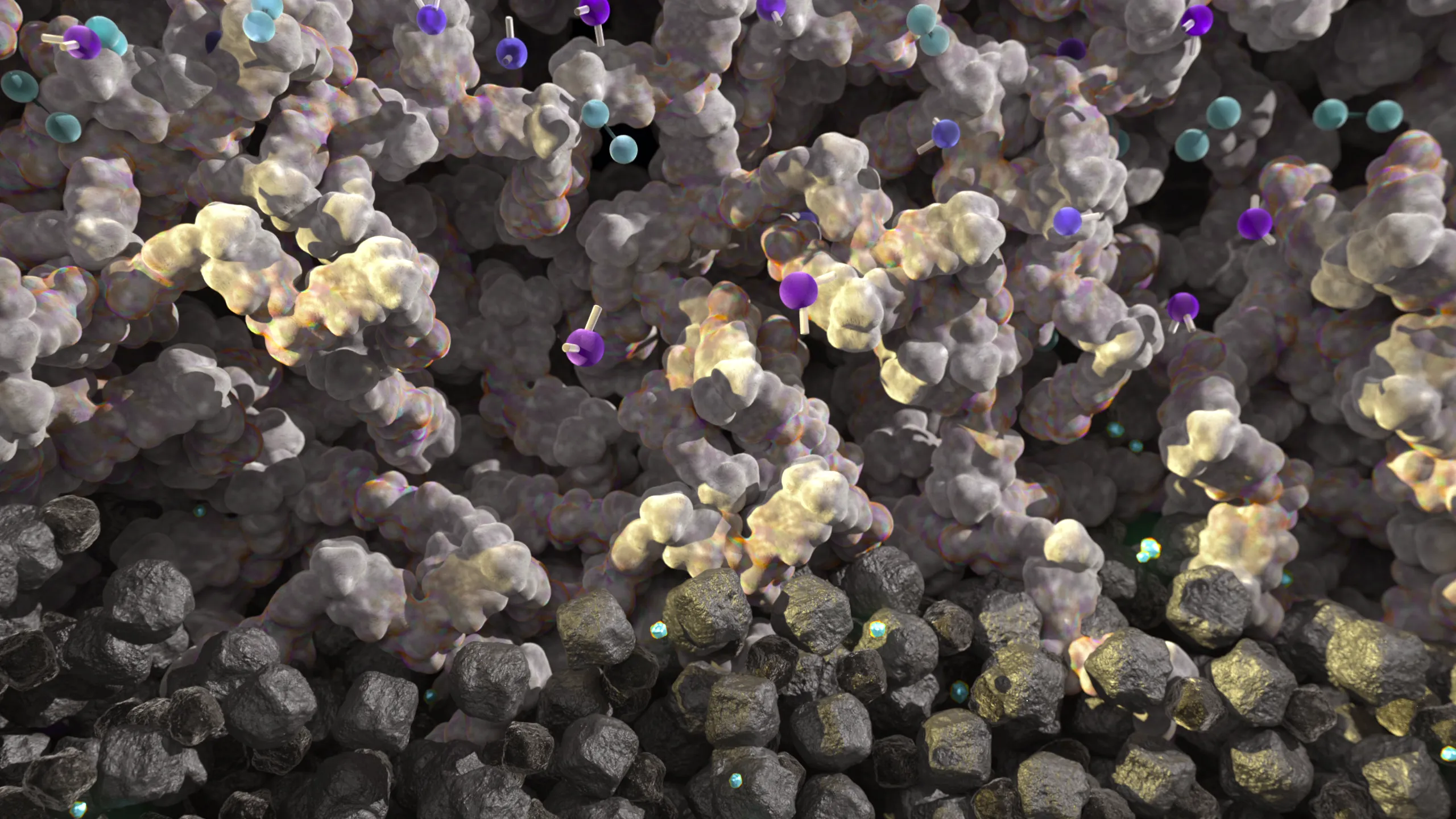 Detailed CGI visualization of paint microstructure with moisture molecules penetrating surface, illustrating causes of blistering in coating systems.
