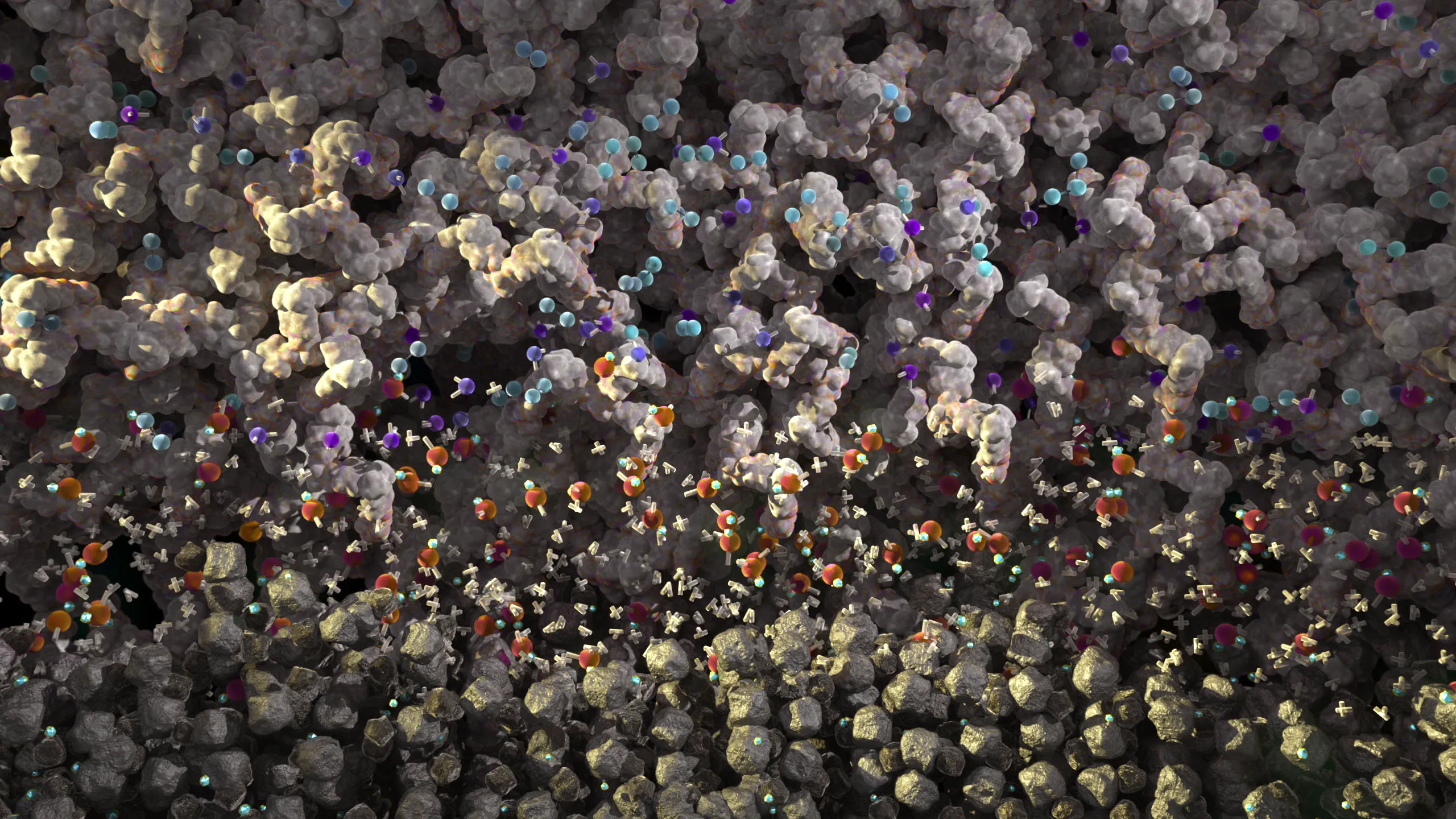 Scientific CGI visualization of paint coating microstructure populated with migrating molecules, illustrating diffusion processes behind blister defects.