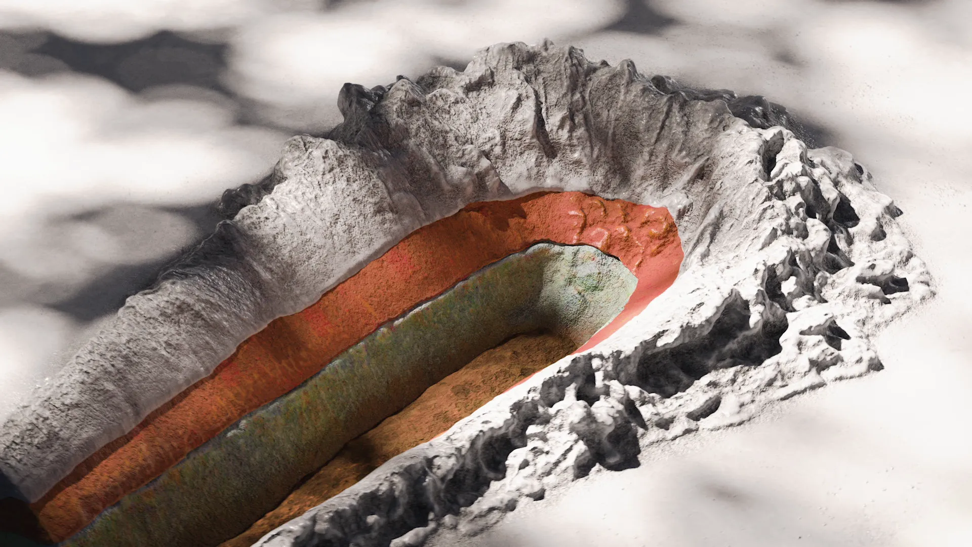 Cross-section CGI of paint coating damage, showing adhesion failure mechanisms in protective coatings.