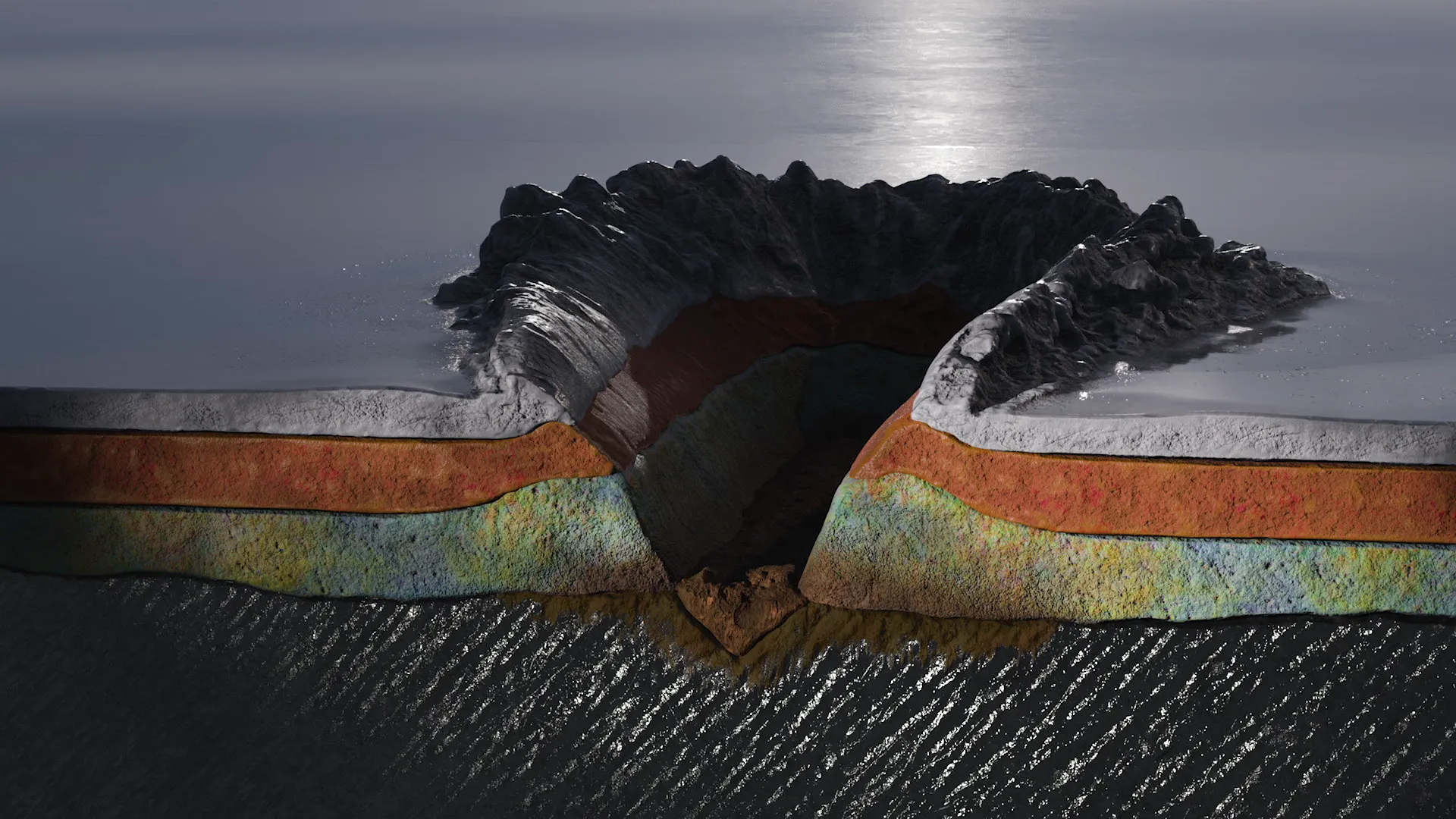 Cinematic CGI of ruptured paint coating exposing substrate, created to demonstrate industrial blistering defects and adhesion loss.