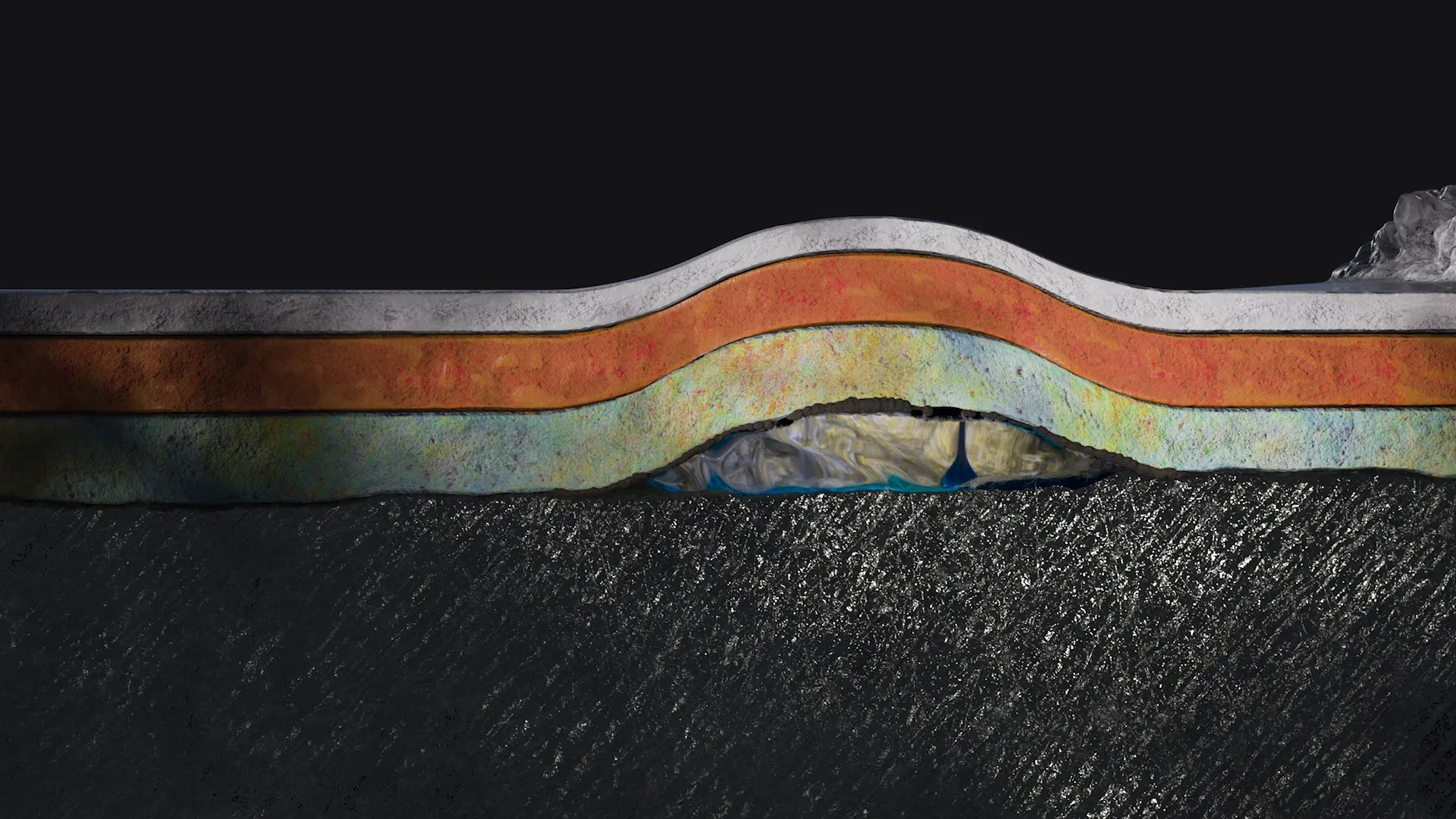 High-detail CGI cutaway of multilayer paint coating with large blister, designed for industrial training and defect visualization.