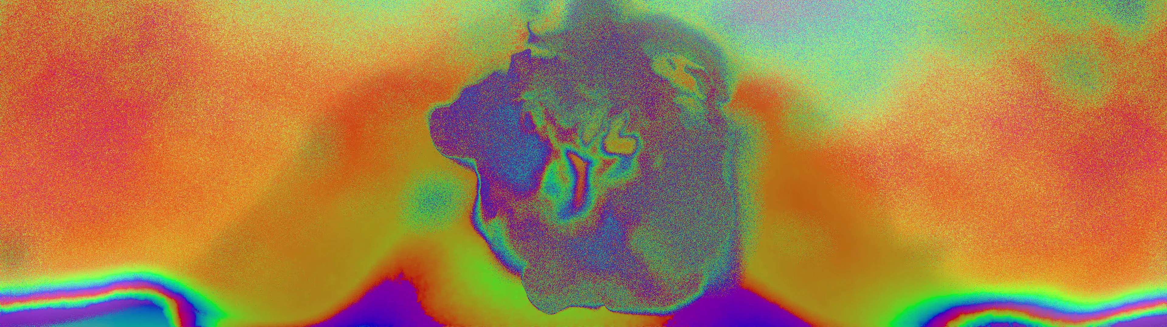 Vibrant and noisy abstract CGI resembling a psychedelic infrared map, a procedural art piece with intense, saturated colors and textures.