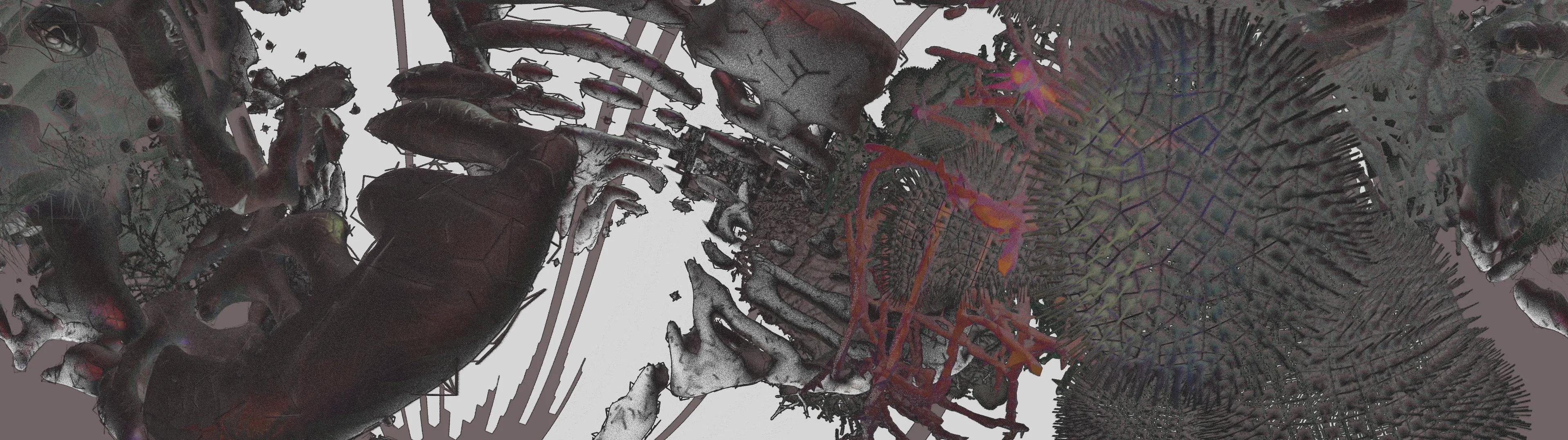 High-contrast generative art featuring a mix of chaotic, dark brushstrokes and intricate geometric forms, an experimental digital sculpture.