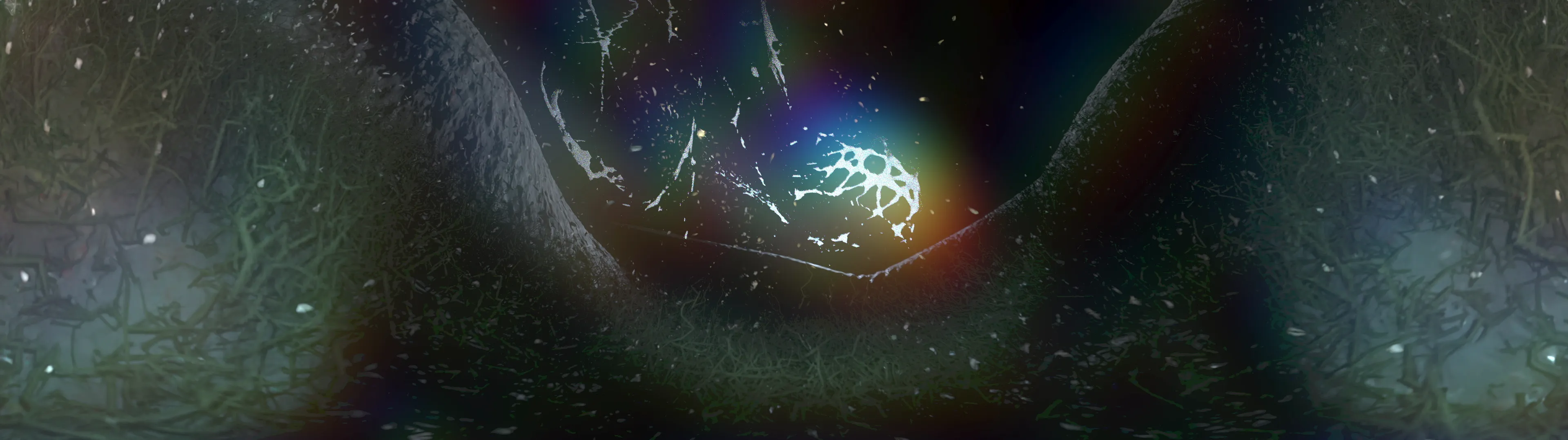 Surreal 360-degree render of a cosmic scene with an iridescent nebula and distorted stars, an experimental approach to digital environments.