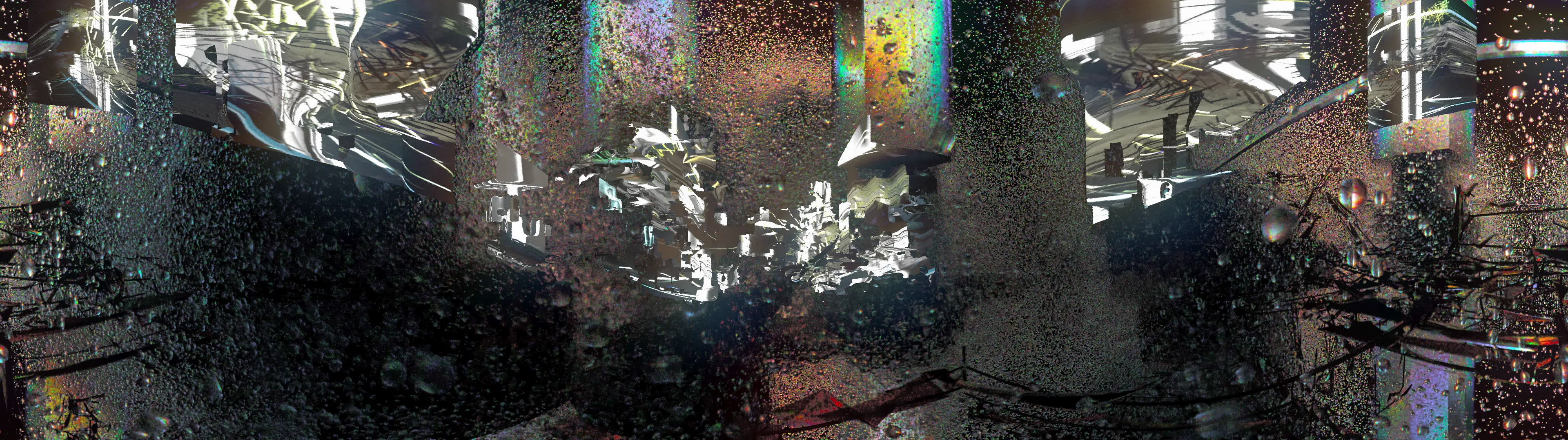 Complex abstract artwork depicting a shattered digital structure, showcasing a chaotic "glitch art" aesthetic with intricate, procedurally generated details.