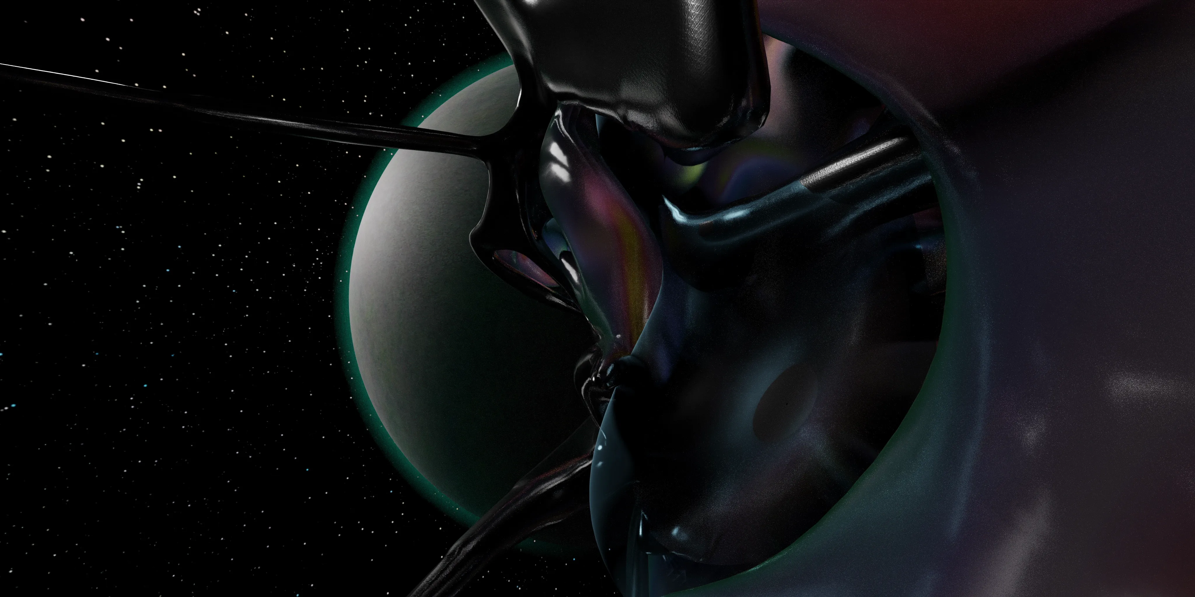 Atmospheric CGI render of glossy alien structure floating near a planet, merging photorealistic detail with experimental sci-fi design.