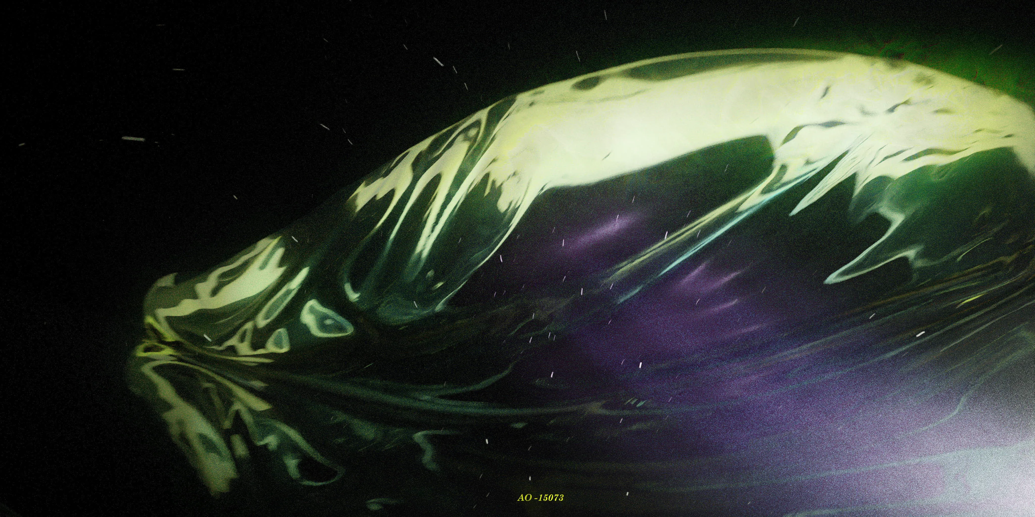 High-quality CGI close-up of fluid iridescent material, evoking bioluminescent growths and alien organic surfaces for experimental visual design.