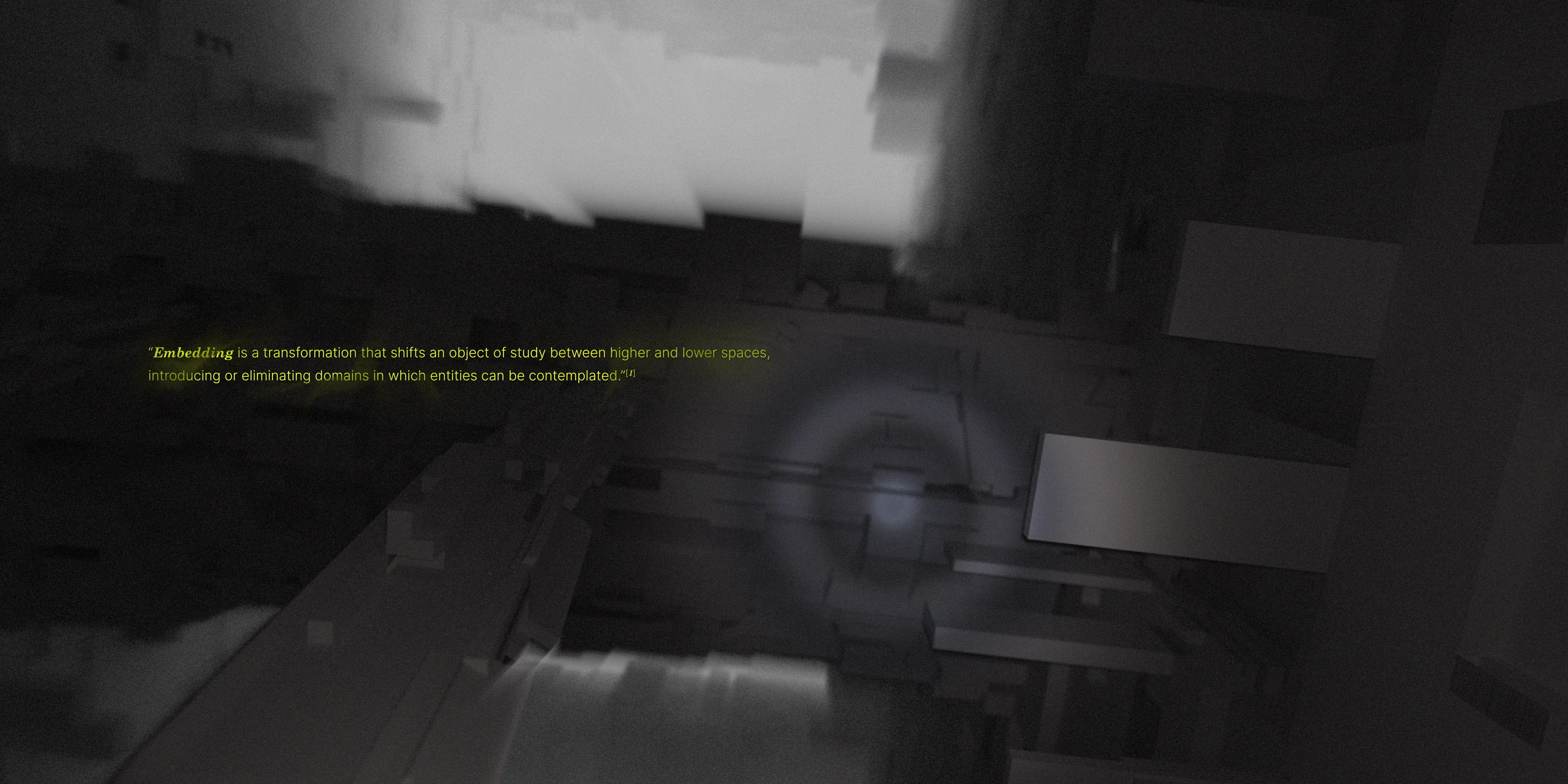 CGI rendering of abstract architectural depth with glowing script, evoking futuristic environments and experimental sci-fi visualization.