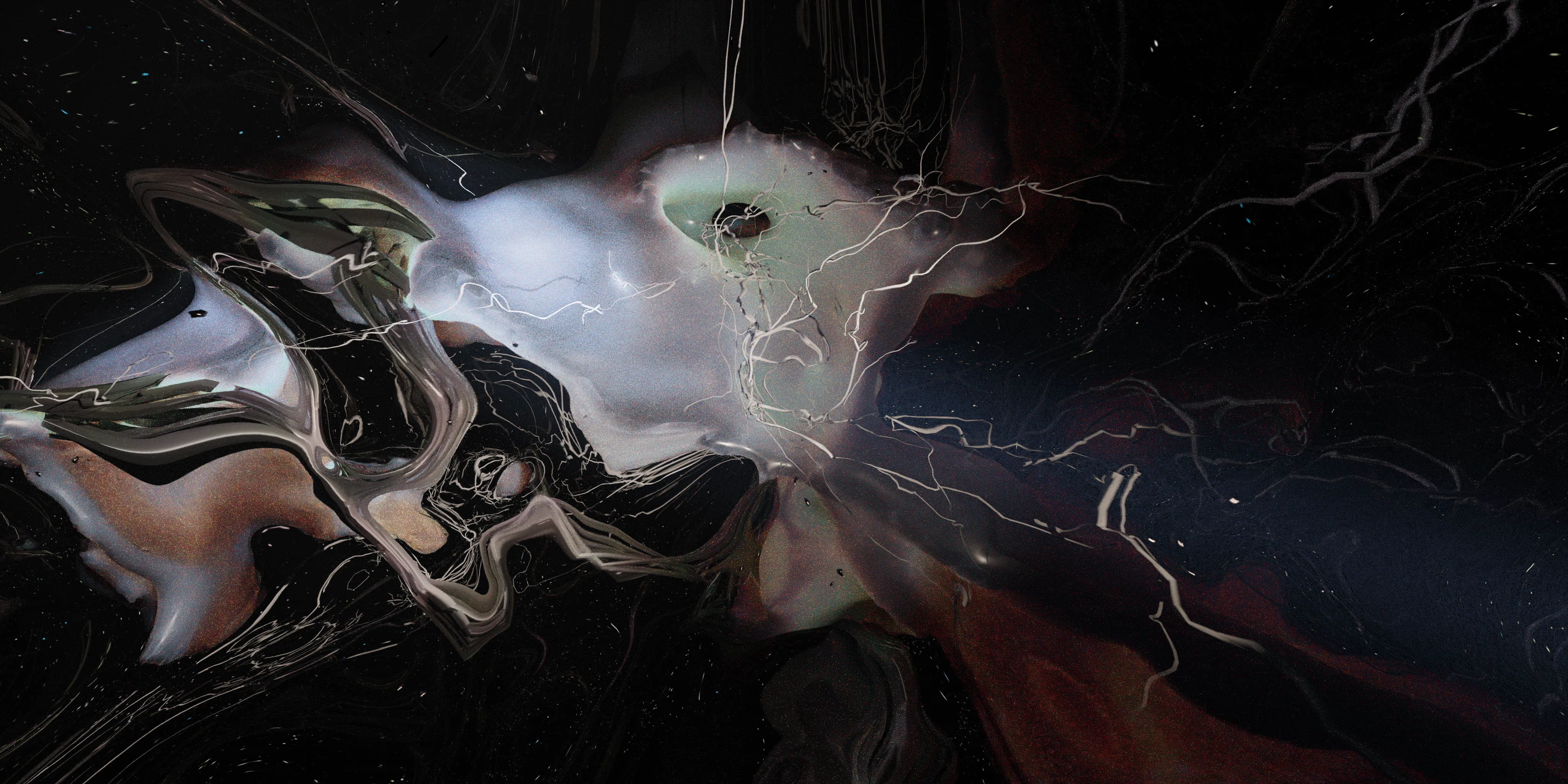 Experimental CGI environment showing distorted organic growths and electrical streams, merging surreal digital textures with atmospheric sci-fi worldbuilding.