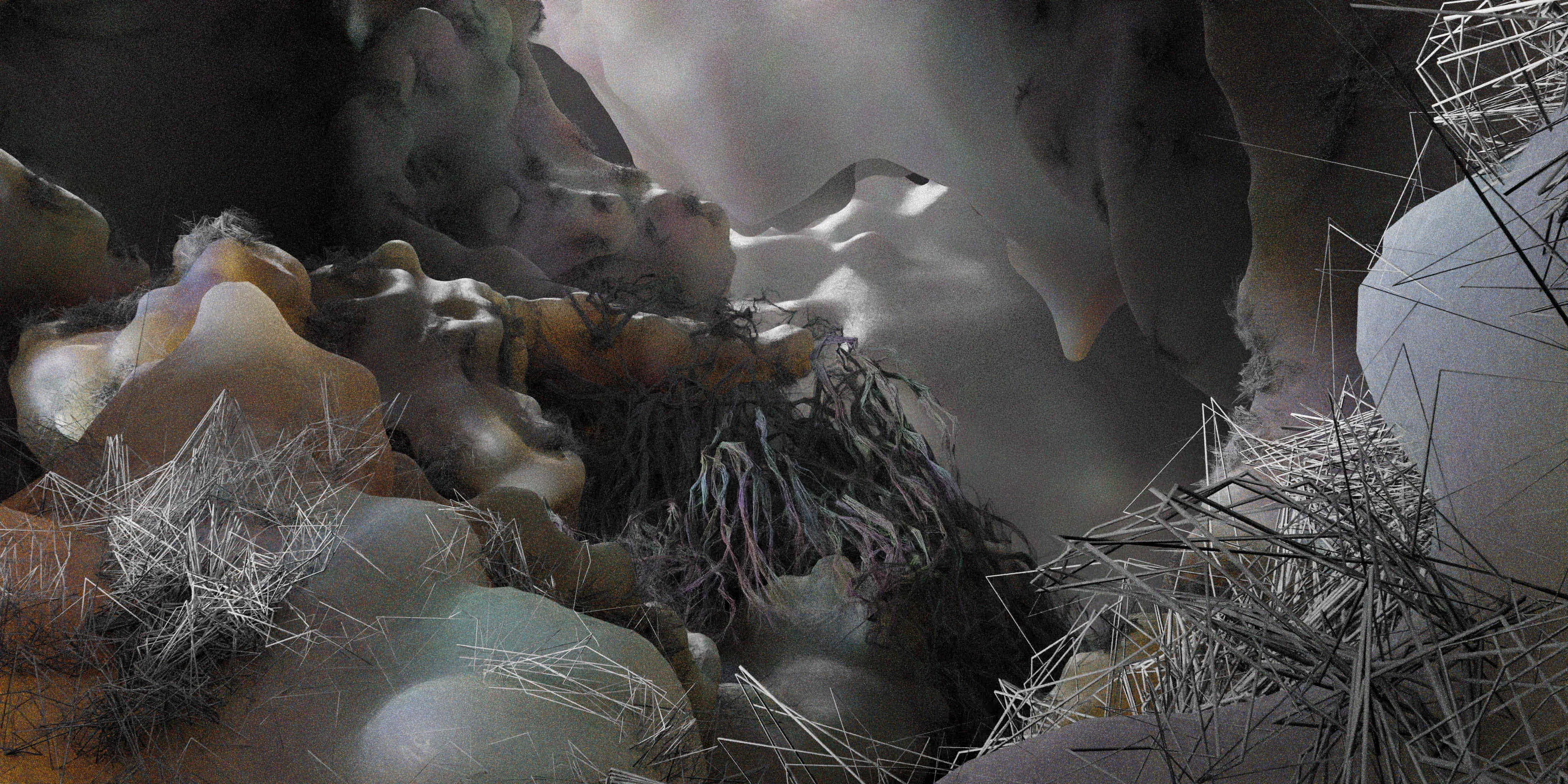 Photorealistic CGI rendering of cavernous alien surface with crystalline and organic formations, designed for high-end experimental worldbuilding.