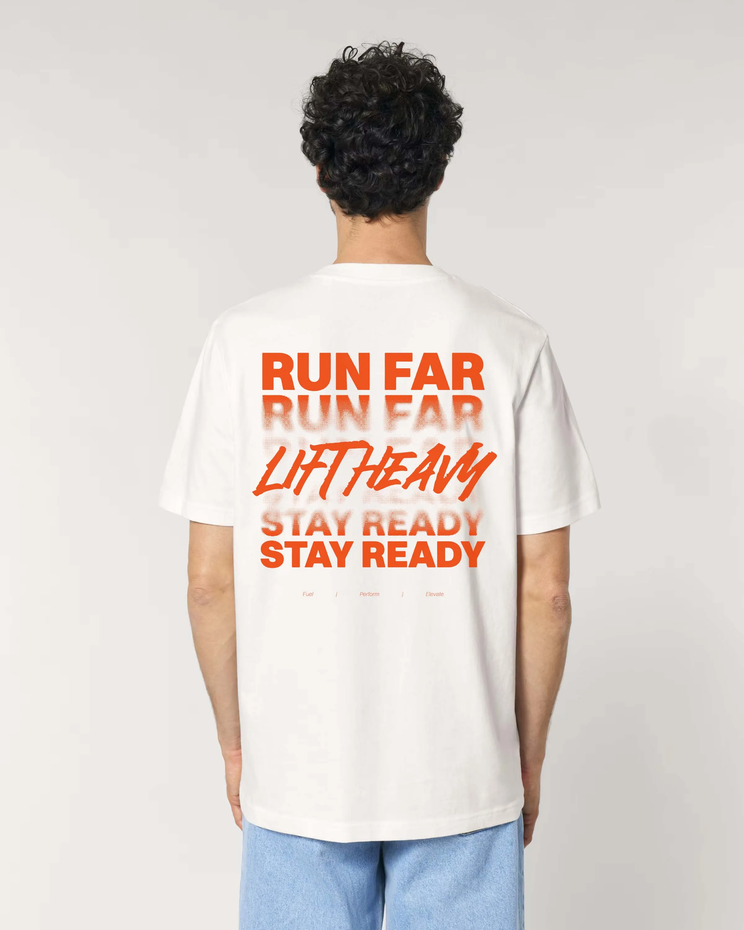 Product visualization of FPE Nutrition sportswear T-shirt with motivational slogan, tailored for athletic lifestyle branding and high-quality apparel presentation.