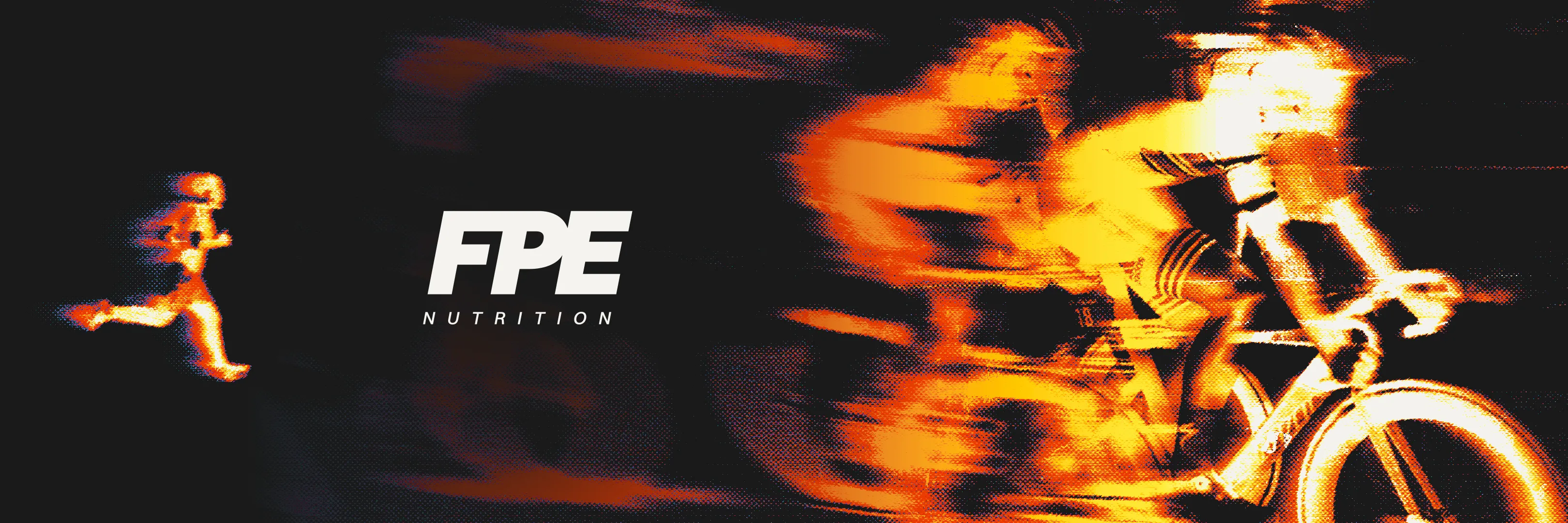 Dynamic CGI sports visualization of athlete running alongside cyclist, using glowing motion blur to highlight energy, endurance, and FPE Nutrition branding.