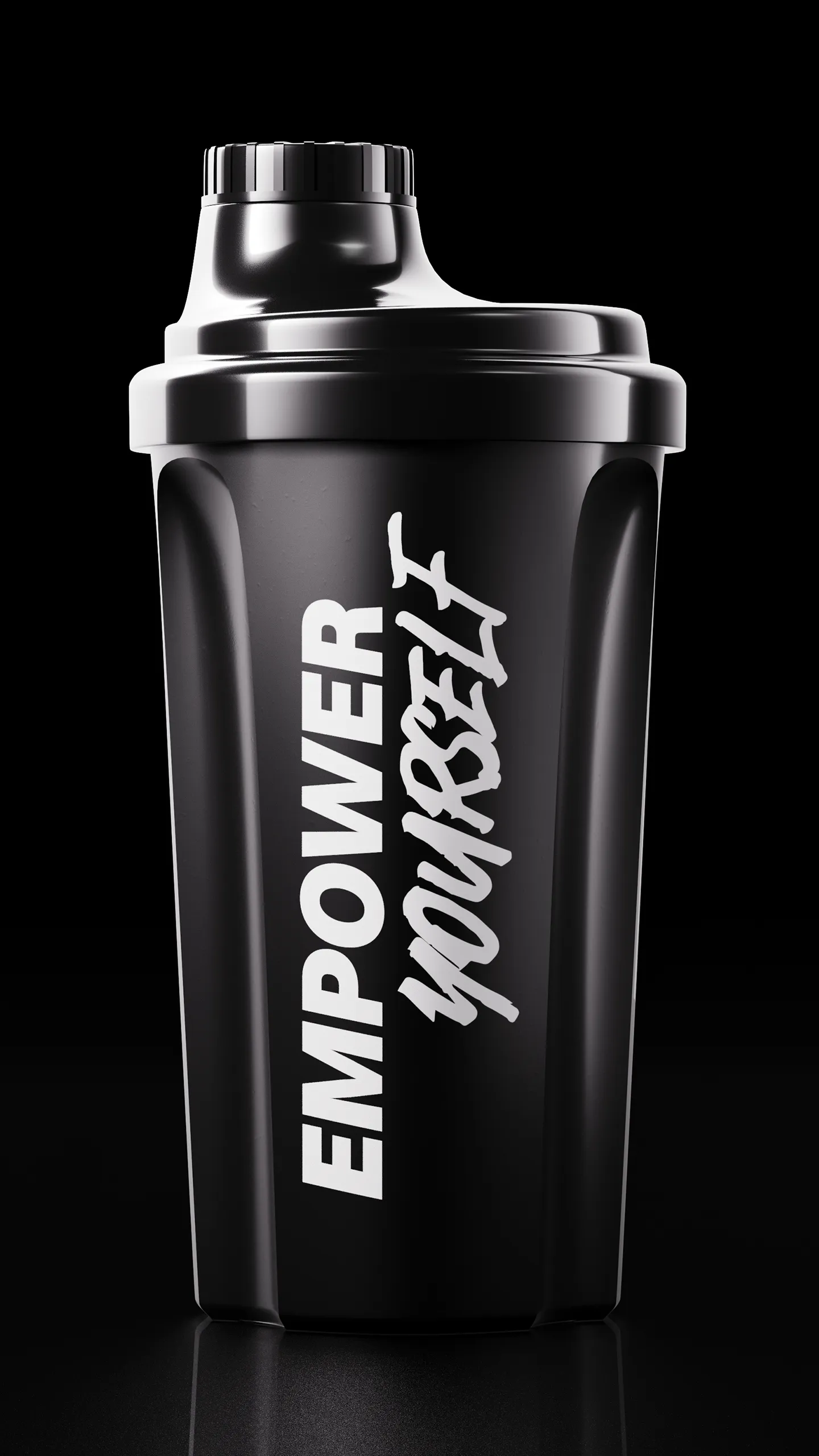 Photorealistic CGI product rendering of branded black shaker bottle with “Empower Yourself” text, emphasizing premium sports nutrition packaging design.