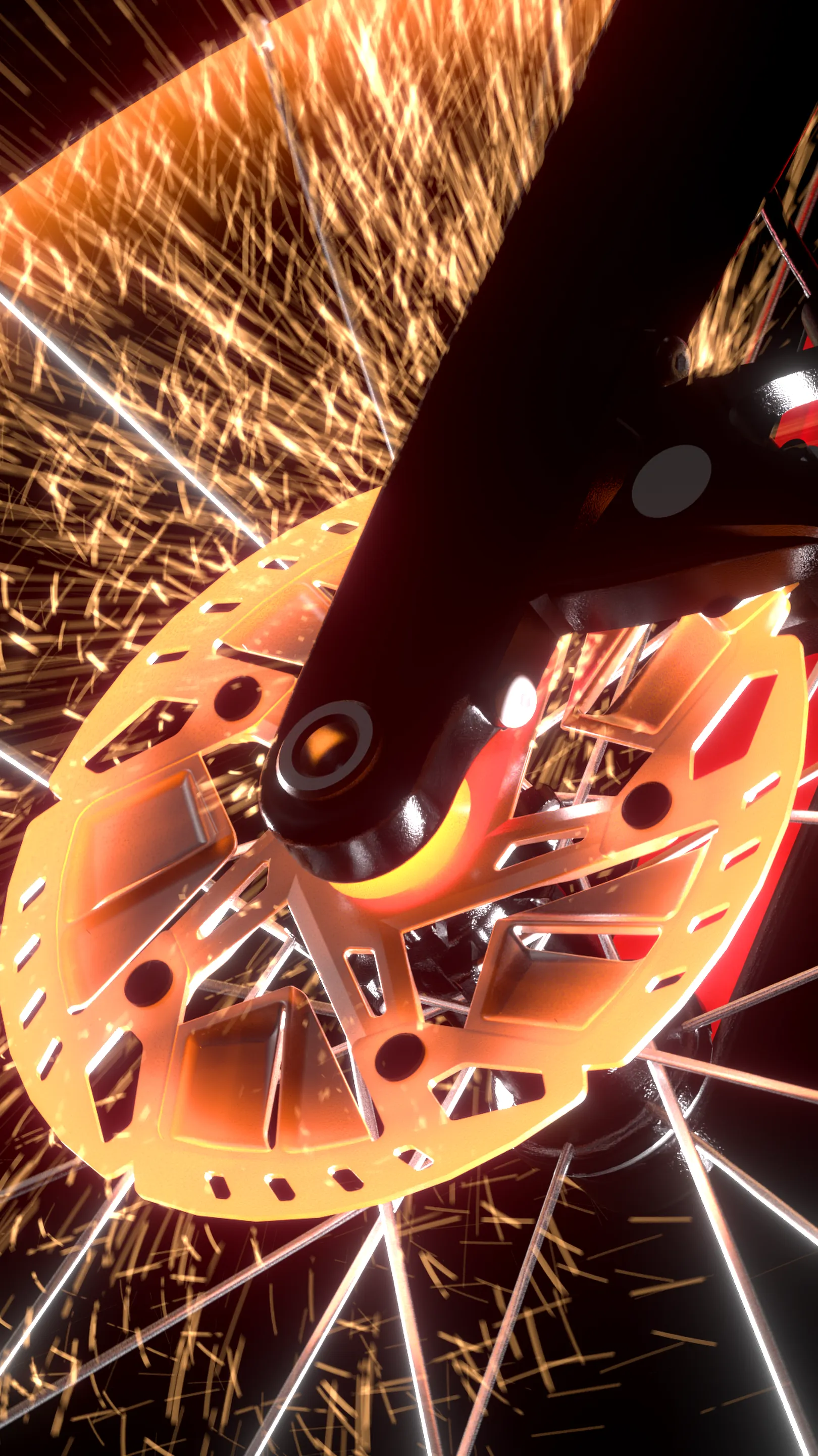 Cinematic CGI rendering of bike disc brake surrounded by sparks, conveying power, speed, and high-performance sports branding aesthetics.