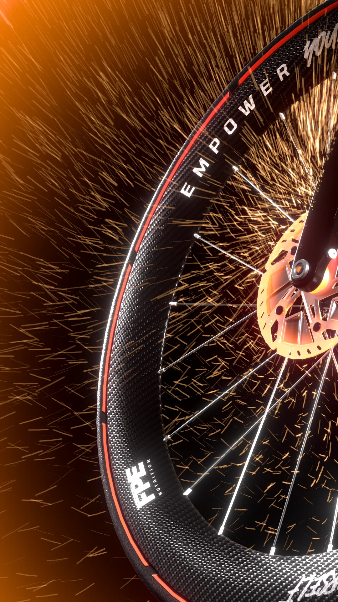 Photorealistic CGI render of a bicycle wheel with branded rim text and fiery lighting, showcasing dynamic sports visualization for product marketing.