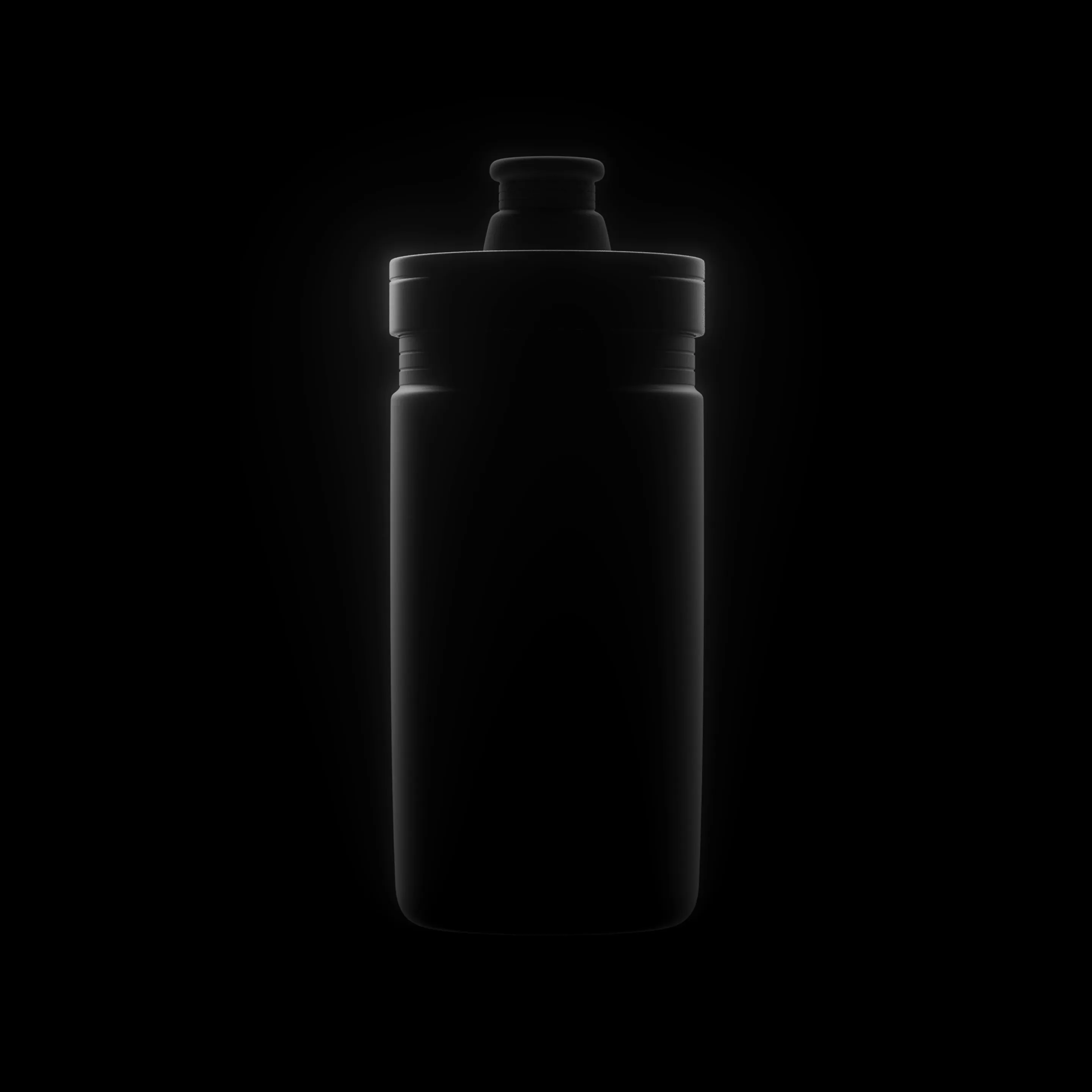 Moody CGI rendering of shaker bottle in silhouette, emphasizing clean product visualization and premium sports lifestyle branding.
