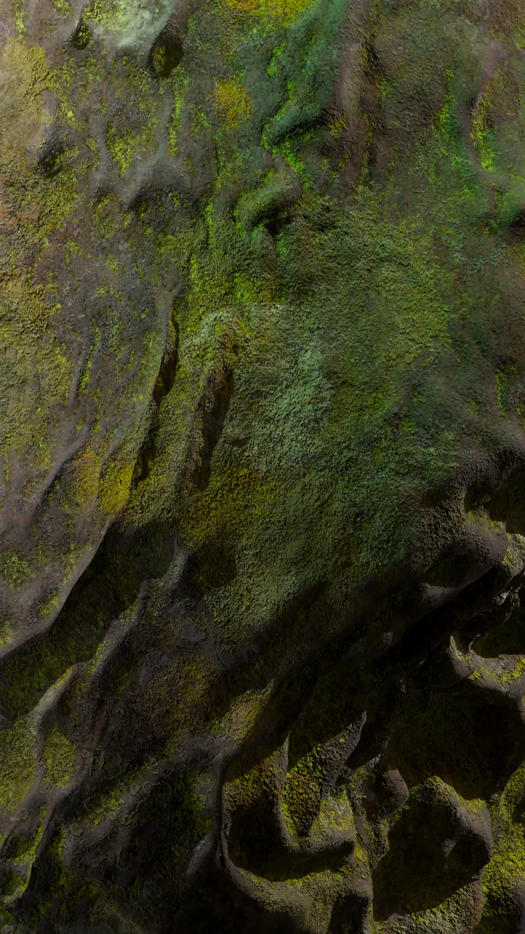 Photorealistic CGI of a rough, porous, moss-like surface, a detailed macro visualization and texture study with an organic feel.