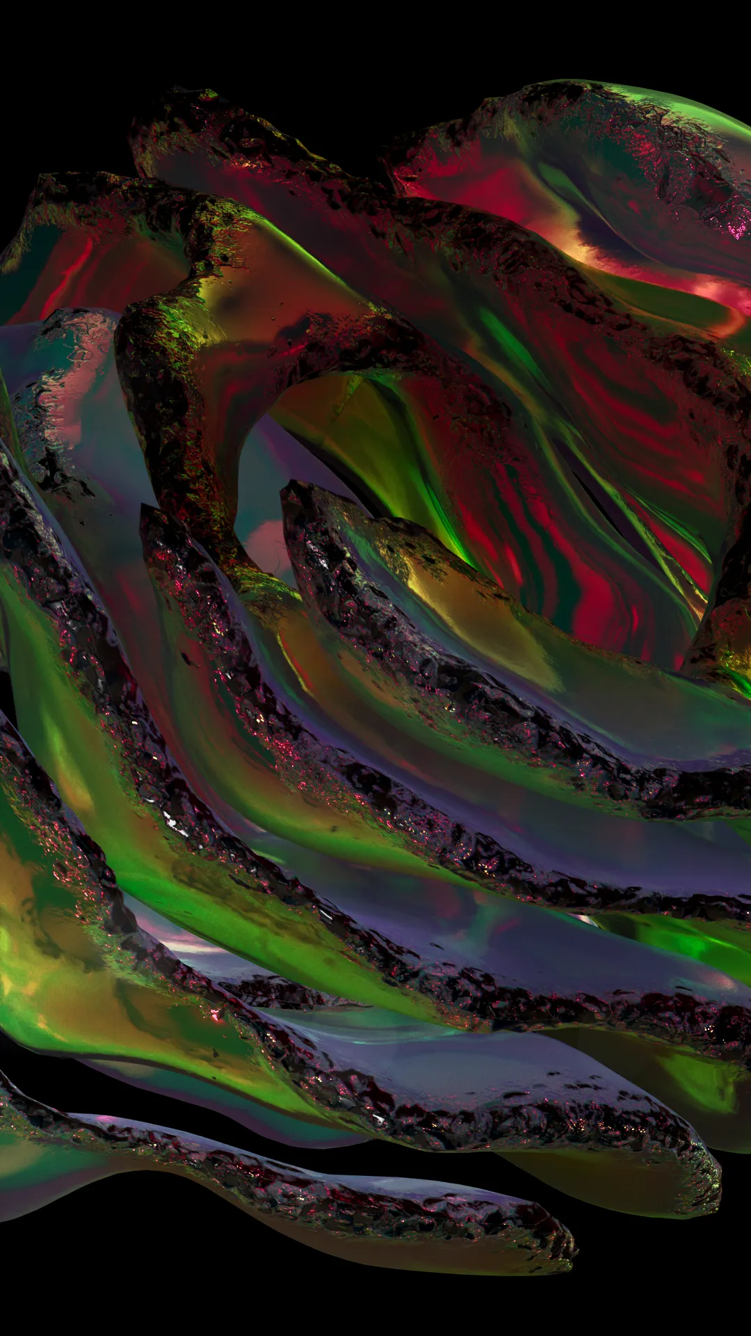 Dynamic abstract composition of flowing, oil-slick-like iridescent layers in green, purple, and red, creating a visually rich and fluid CGI.