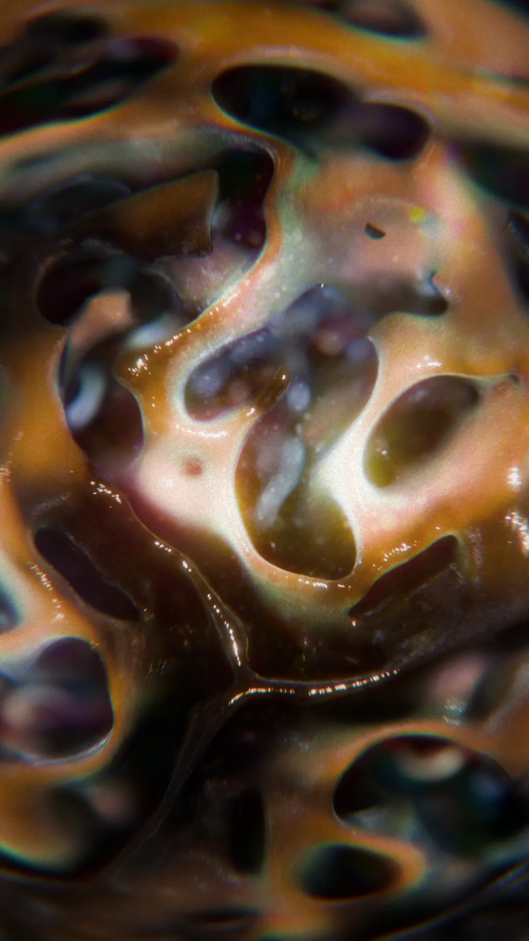 Dynamic abstract procedural art featuring a close-up of a viscous, multi-colored surface, capturing a sense of fluid and chaotic motion.