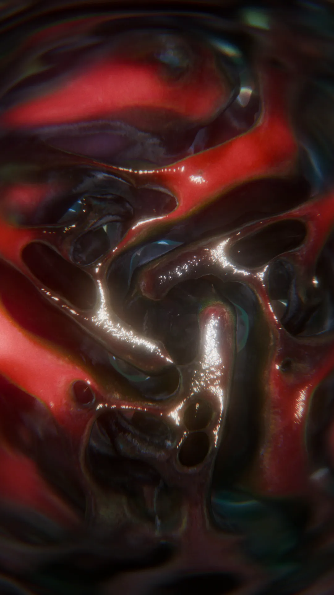 Surreal 3D visualization of a dark, glossy form glowing red from within, an abstract CGI piece with a visceral and macabre aesthetic.