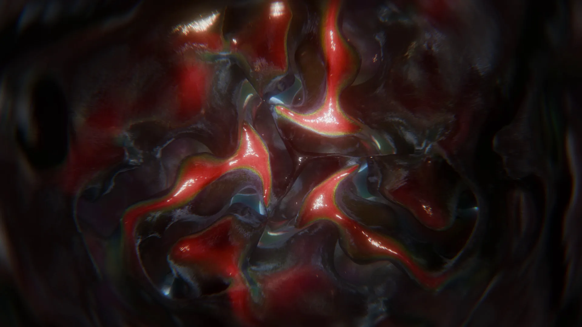 Cinematic CGI of a dark, organic shape with an intense red internal glow, a moody visual highlighting a strong bioluminescent effect.