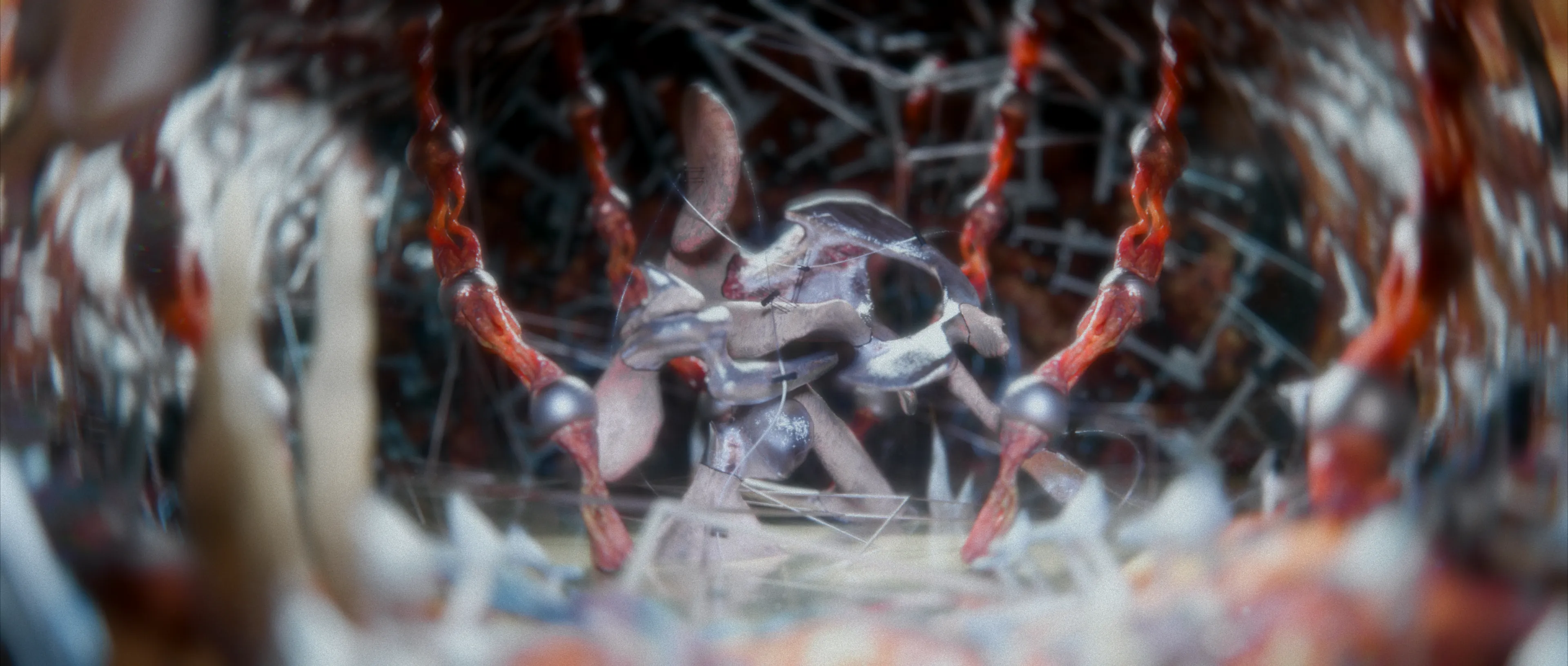 Final CGI sequence of bone-metallic formation suspended in fleshy biomechanical environment, evoking vulnerability, resilience, and surreal confrontation between body and machine.