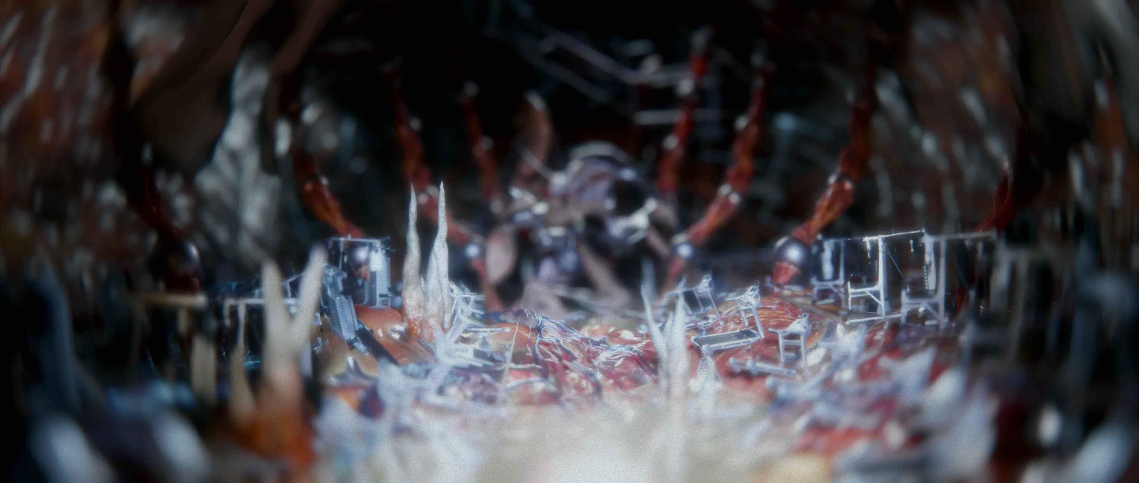 CGI sequence of a grotesque organic corridor embedded with circular metallic implants, merging gore aesthetics with gym equipment references.