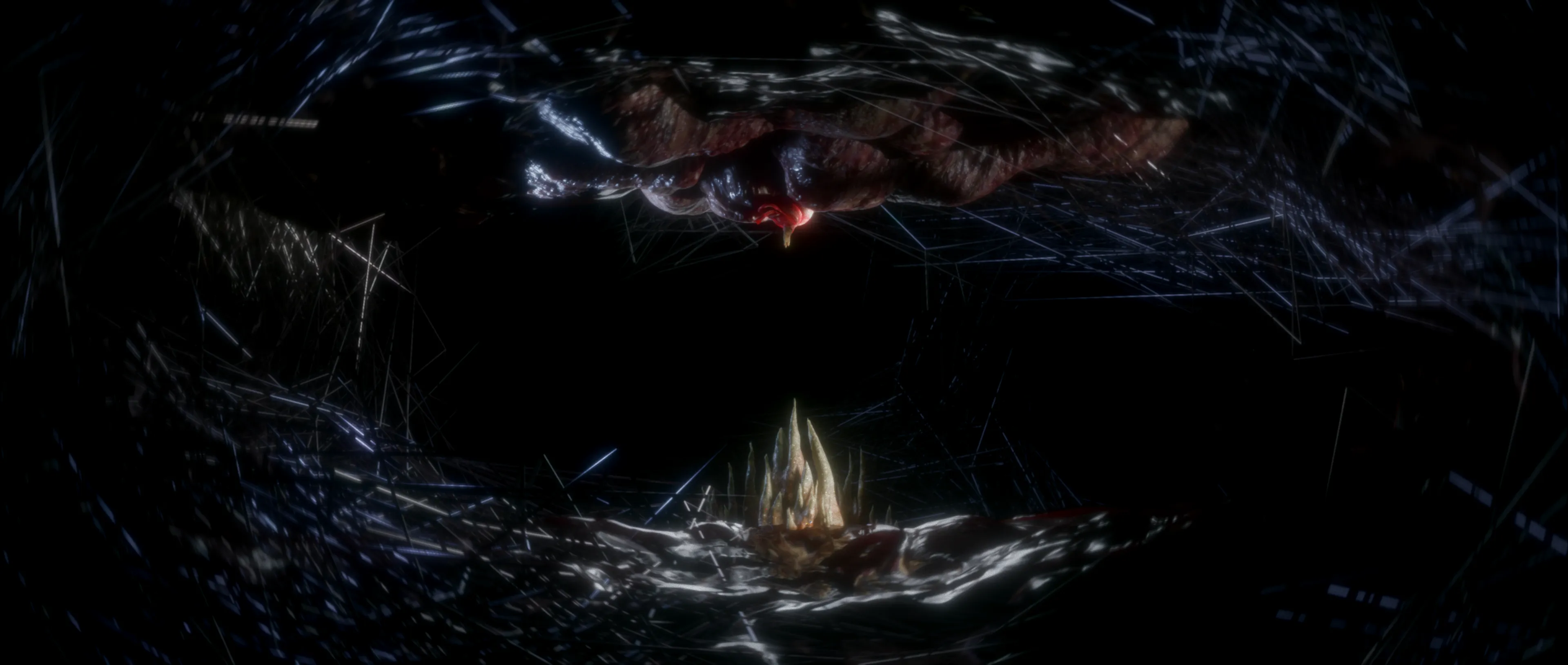 CGI shot depicting a surreal network of tissue, wires, and equipment-like forms, merging body horror with sculptural design language.