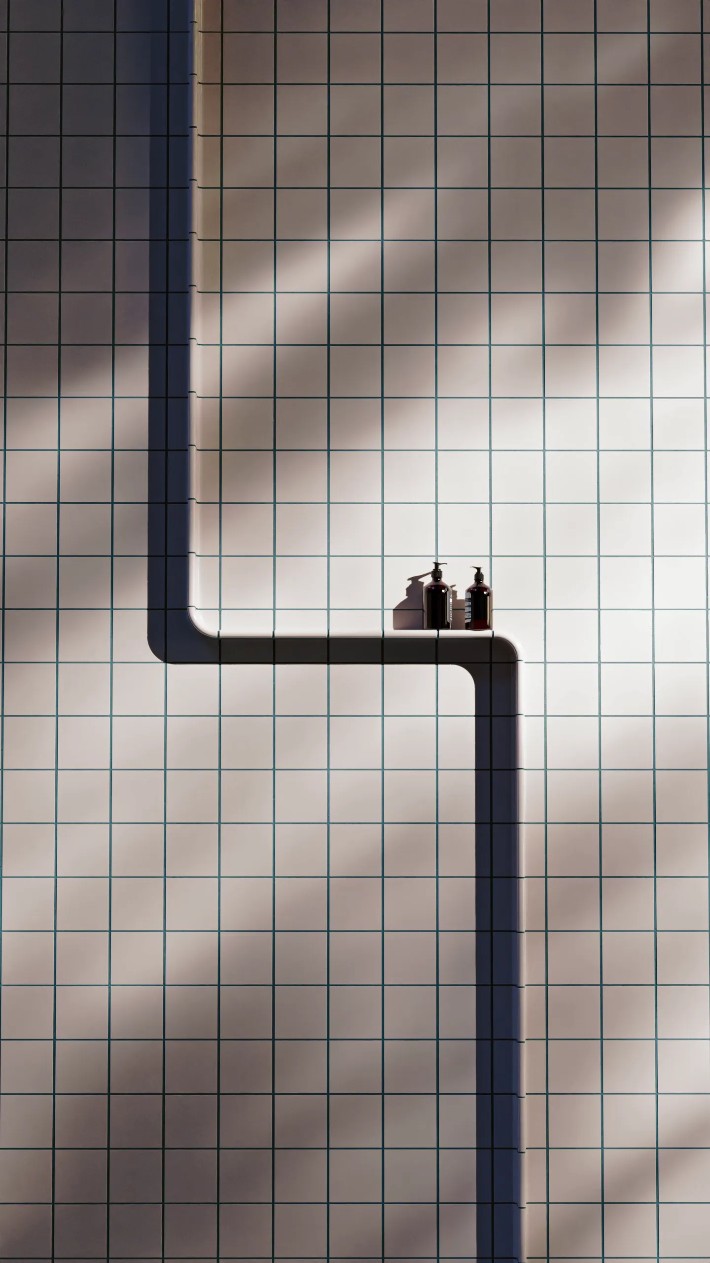 Architectural CGI of tiled wall featuring a snaking shelf and curated products, demonstrating Tactile collection’s functional detailing and realistic material rendering.