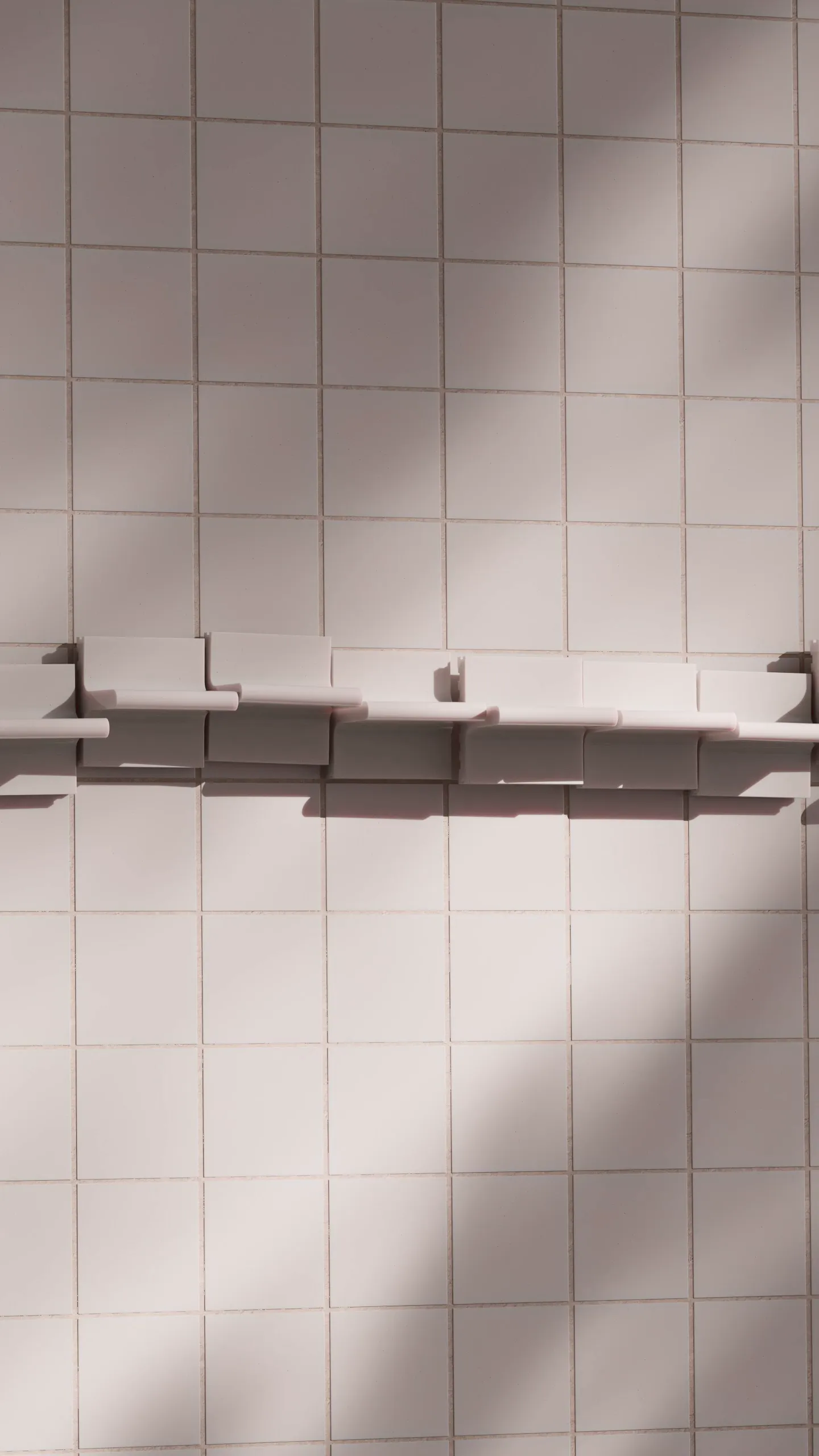 Photoreal render showing an elongated modular tile shelf spanning a grid wall, highlighting load-bearing geometry, shadow interplay, and precise surface finish for product staging.