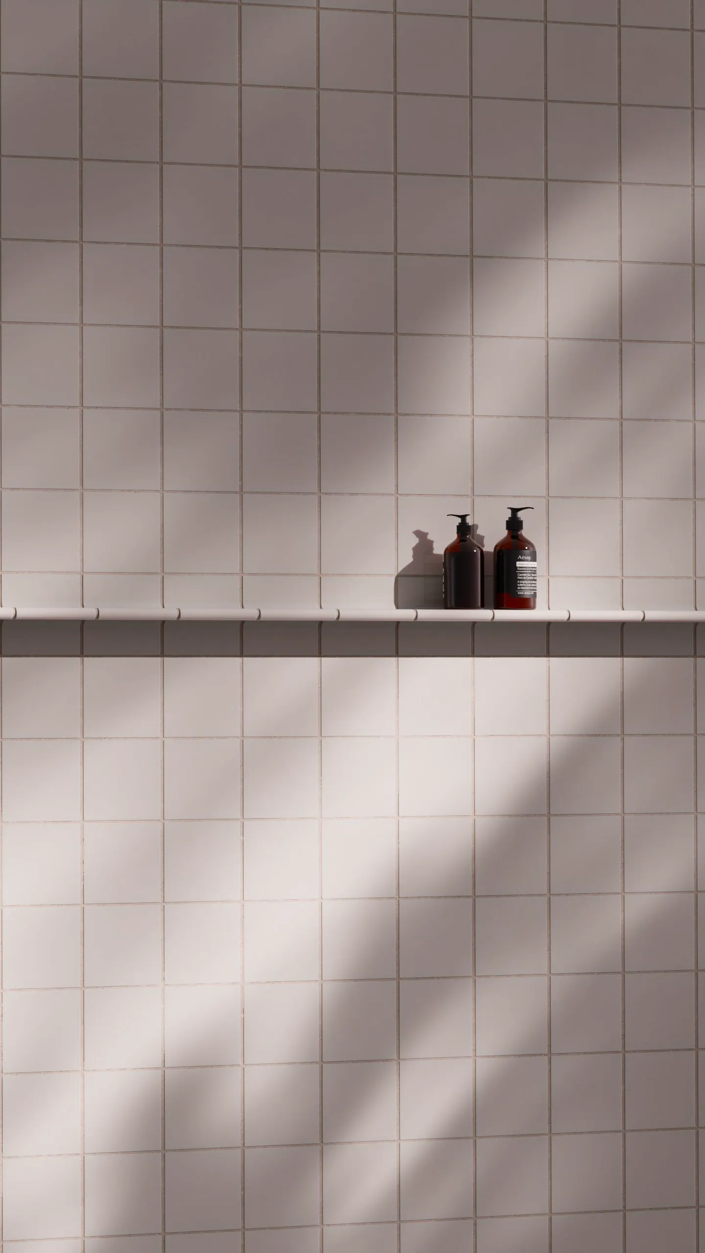 Cinematic visualization of white modular tile arrangement with minimalist shelf, designed to emphasize shadow play and material tactility.
