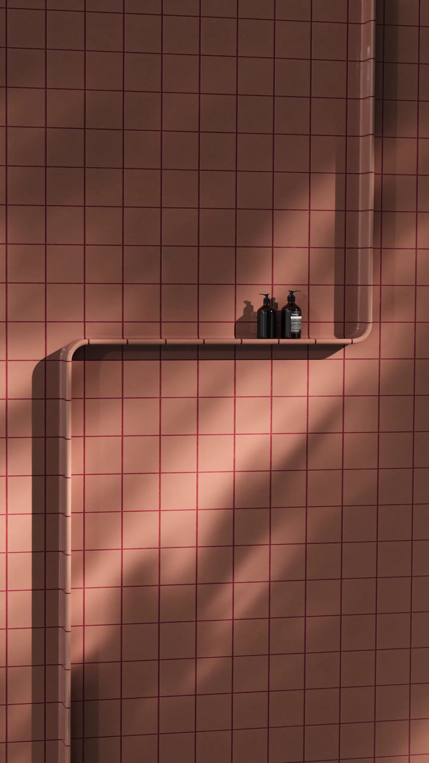 CGI render of pink-toned modular tiles with integrated shelf and bottles, showing the Tactile system’s versatility and architectural surface design.