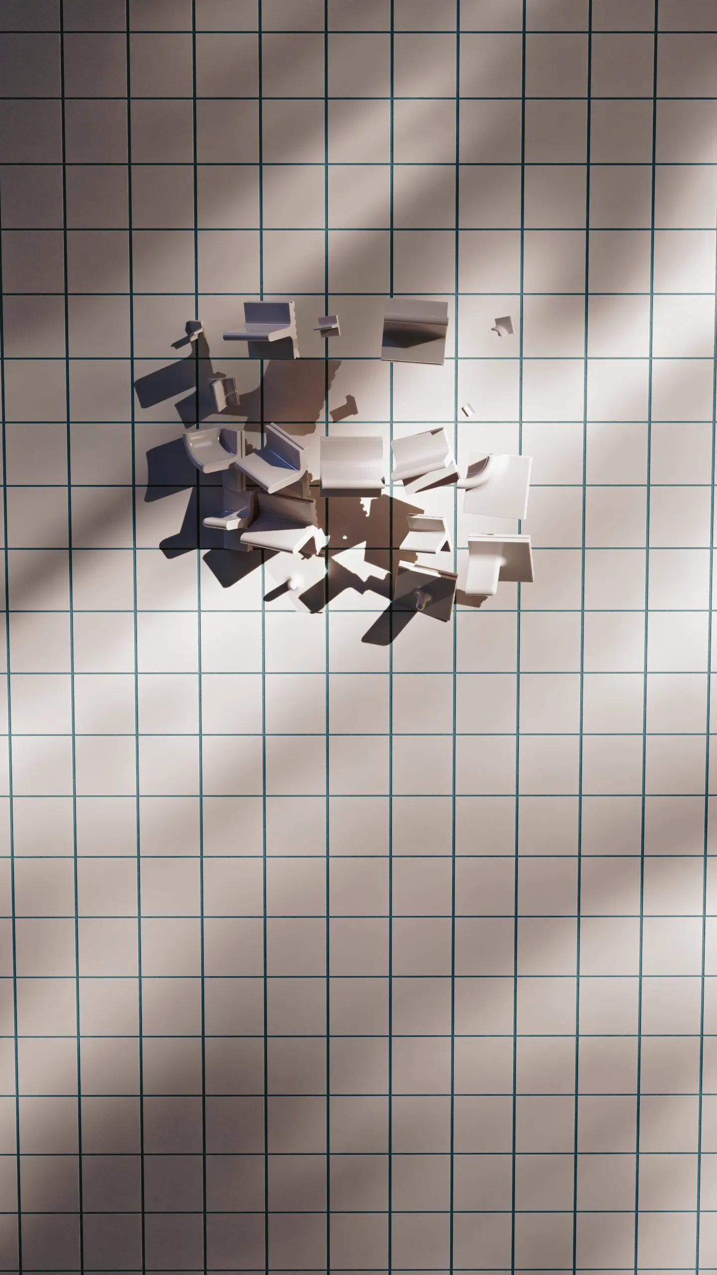 Dynamic CGI sequence of modular tiles disassembling into fragments, visualizing assembly logic, material joins, and the Tactile system’s adaptability for creative installations.