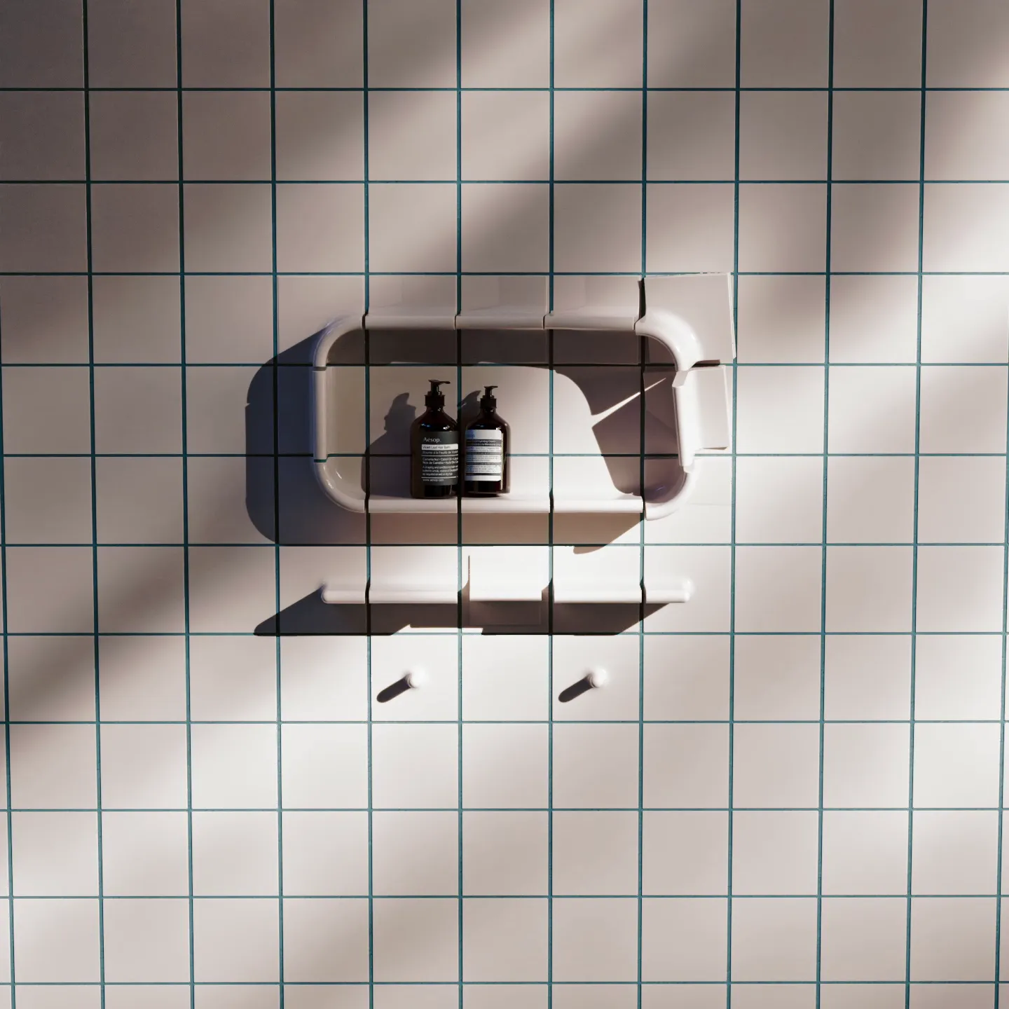 Close-up CGI of a Tactile module inset containing product bottles, showing precise joinery, recessed geometry, and photoreal materiality for architectural visualization.